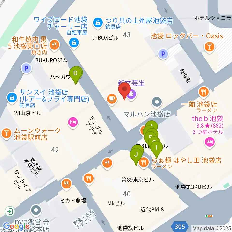 新文芸坐周辺のファミレス・ファーストフード一覧地図