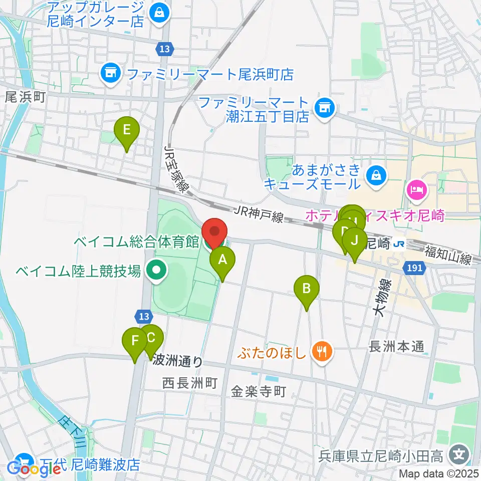 ベイコム総合体育館周辺のファミレス・ファーストフード一覧地図