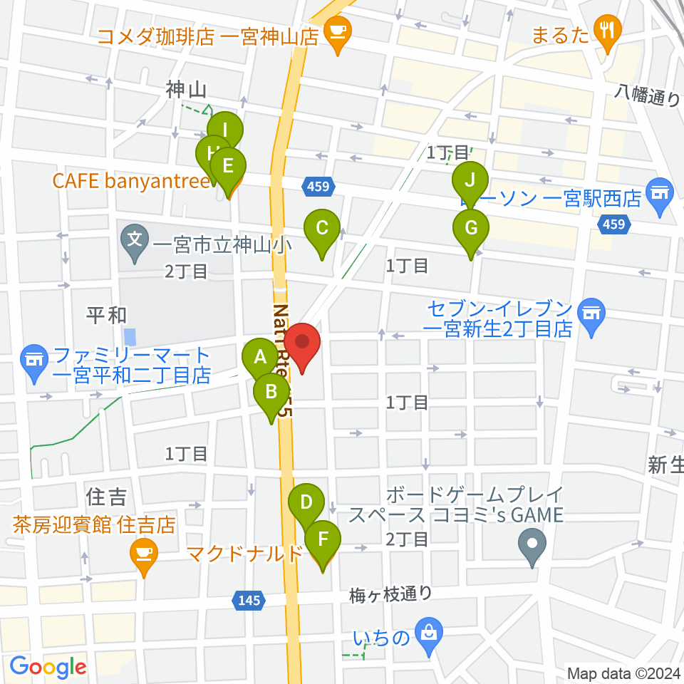 いちのみや中央プラザ体育館周辺のファミレス・ファーストフード一覧地図