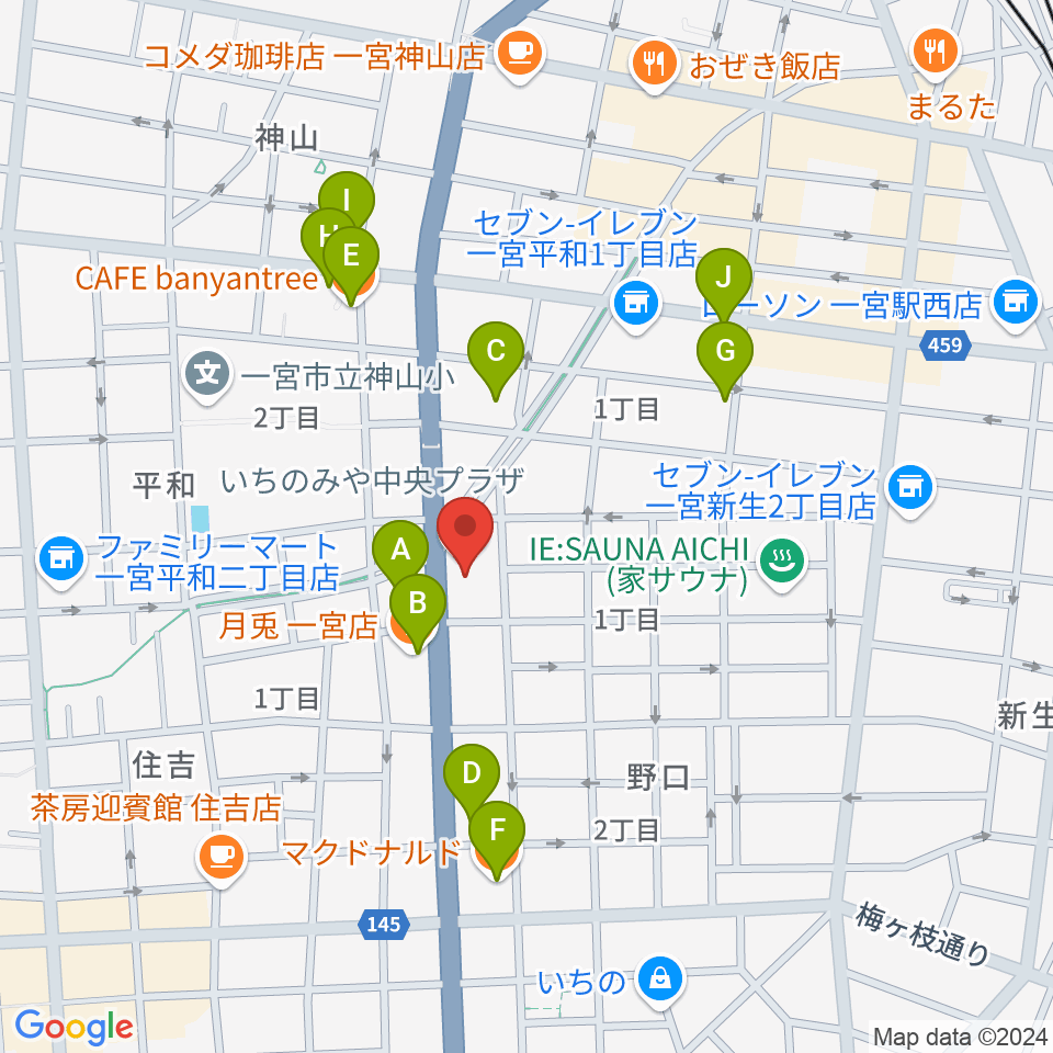 いちのみや中央プラザ体育館周辺のファミレス・ファーストフード一覧地図