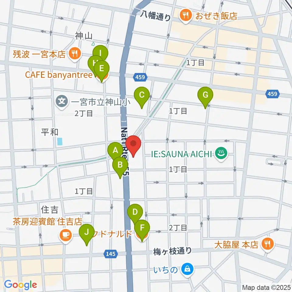 いちのみや中央プラザ体育館周辺のファミレス・ファーストフード一覧地図