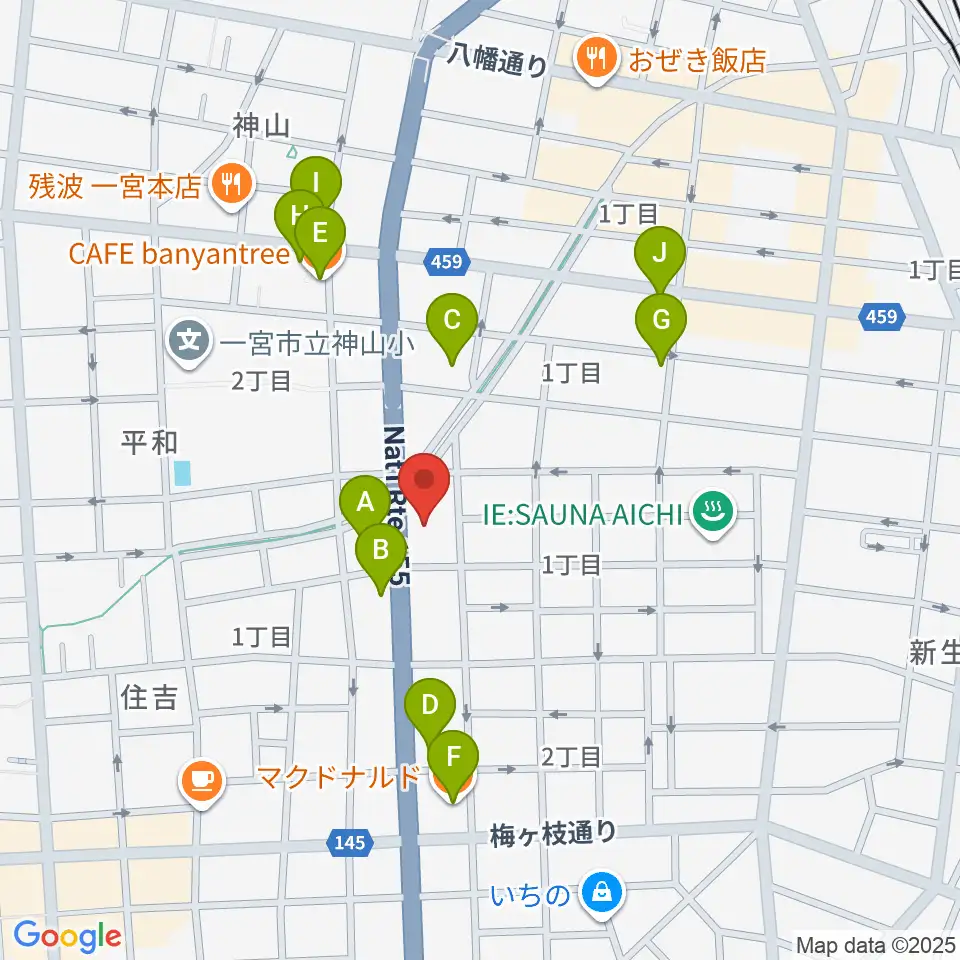 いちのみや中央プラザ体育館周辺のファミレス・ファーストフード一覧地図