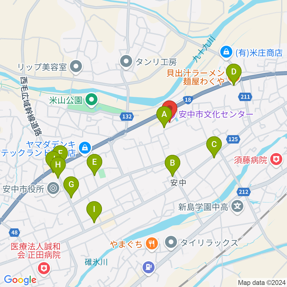 安中市文化センター周辺のファミレス・ファーストフード一覧地図