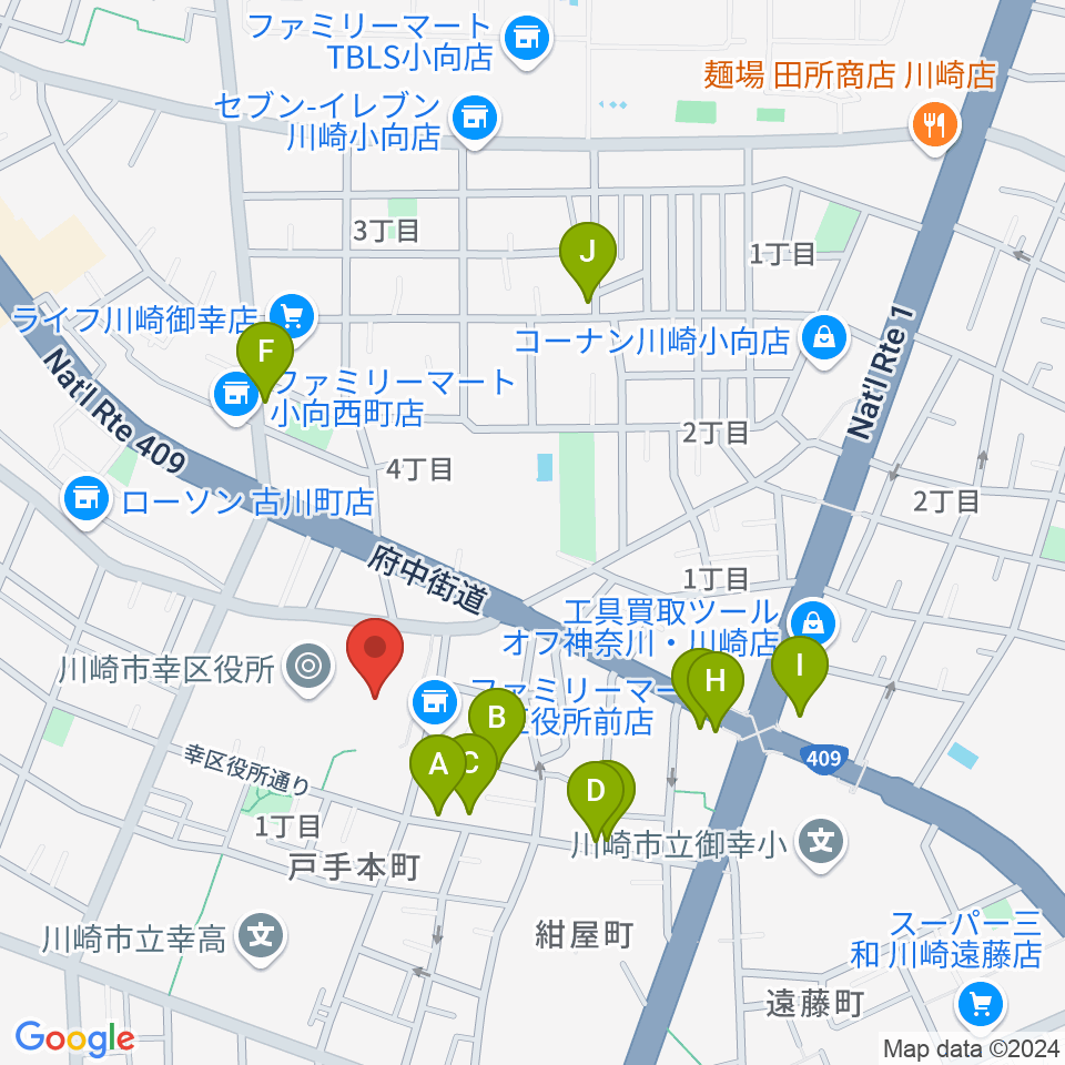 川崎市幸市民館周辺のファミレス・ファーストフード一覧地図