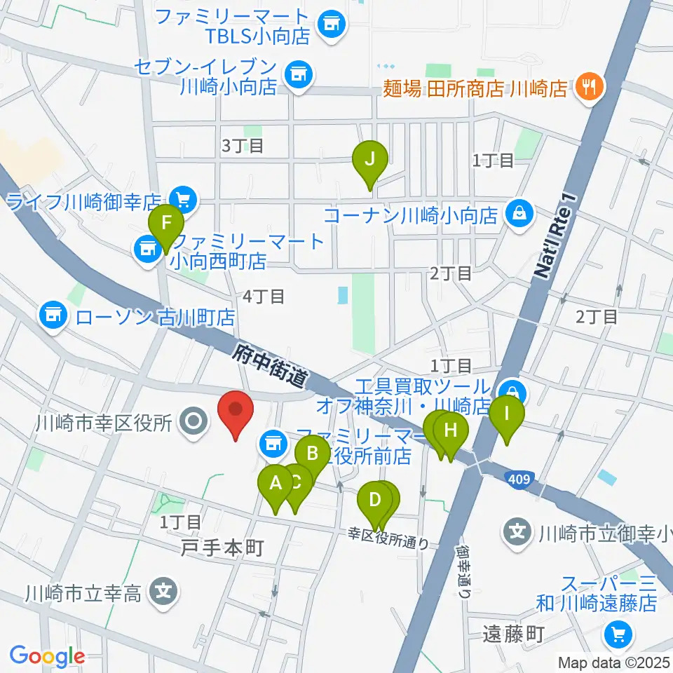 川崎市幸市民館周辺のファミレス・ファーストフード一覧地図