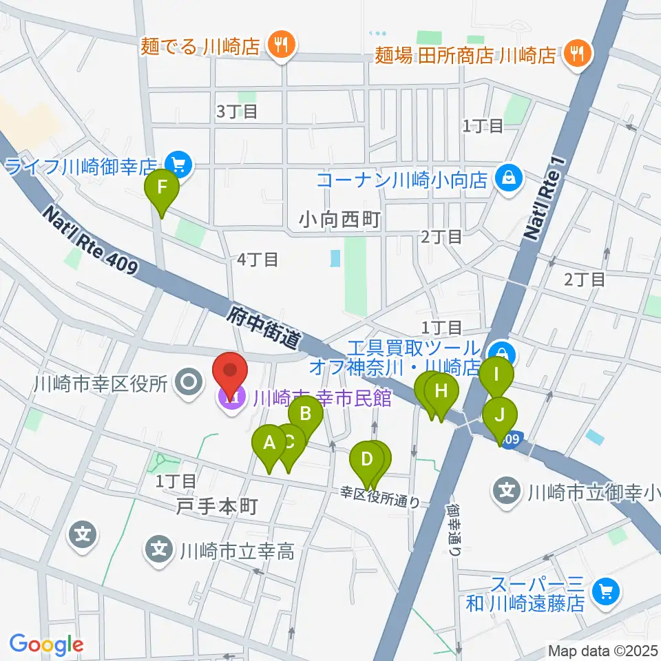 川崎市幸市民館周辺のファミレス・ファーストフード一覧地図