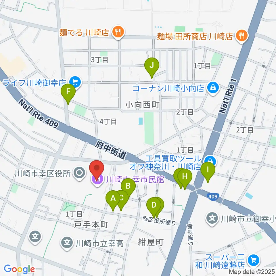 川崎市幸市民館周辺のファミレス・ファーストフード一覧地図