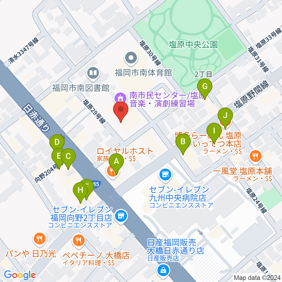 福岡市南市民センター周辺のファミレス・ファーストフード一覧地図