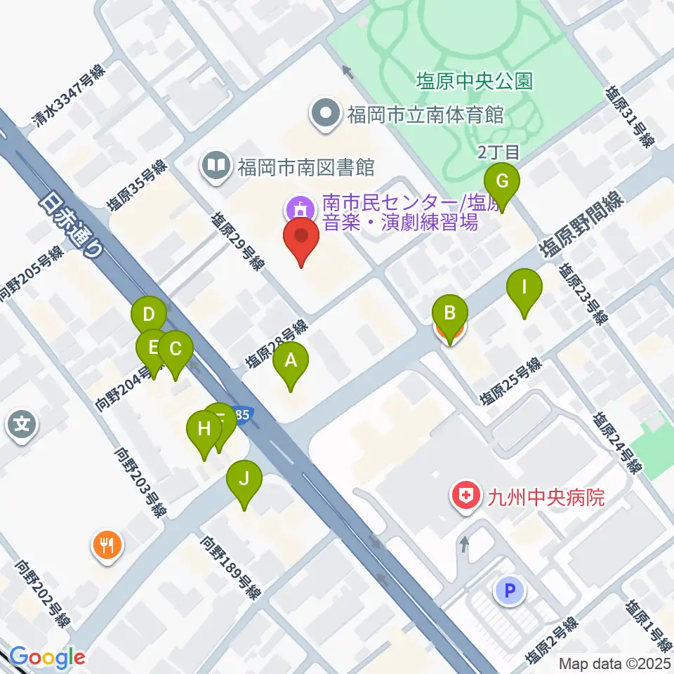 福岡市南市民センター周辺のファミレス・ファーストフード一覧地図