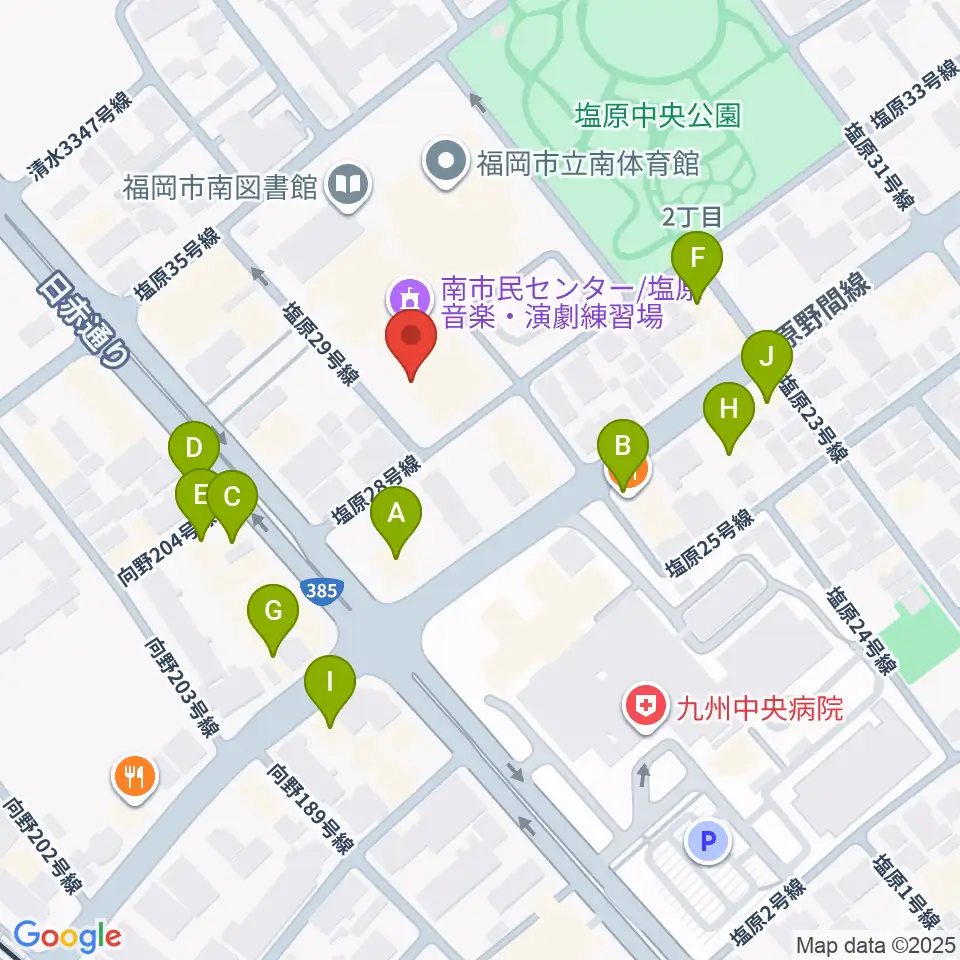 福岡市南市民センター周辺のファミレス・ファーストフード一覧地図