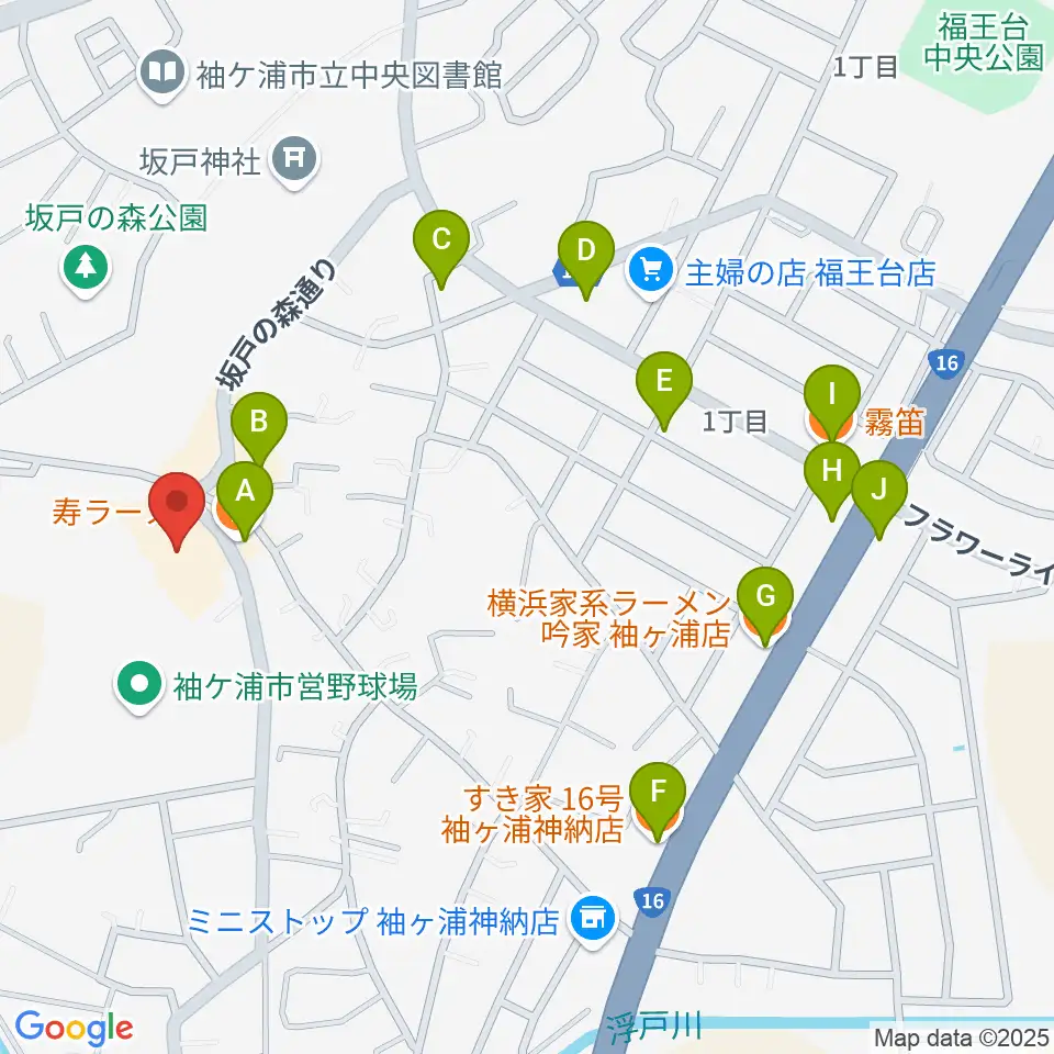 袖ヶ浦市民会館周辺のファミレス・ファーストフード一覧地図