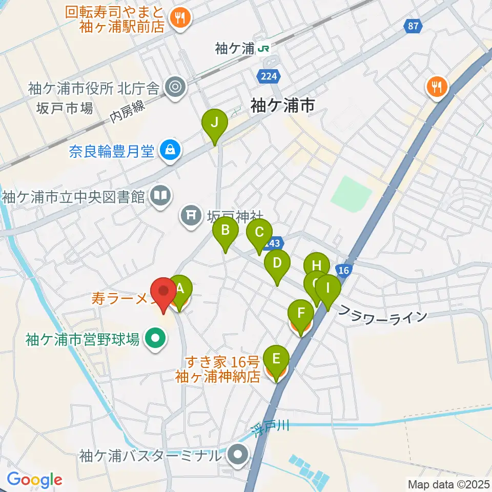 袖ヶ浦市民会館周辺のファミレス・ファーストフード一覧地図