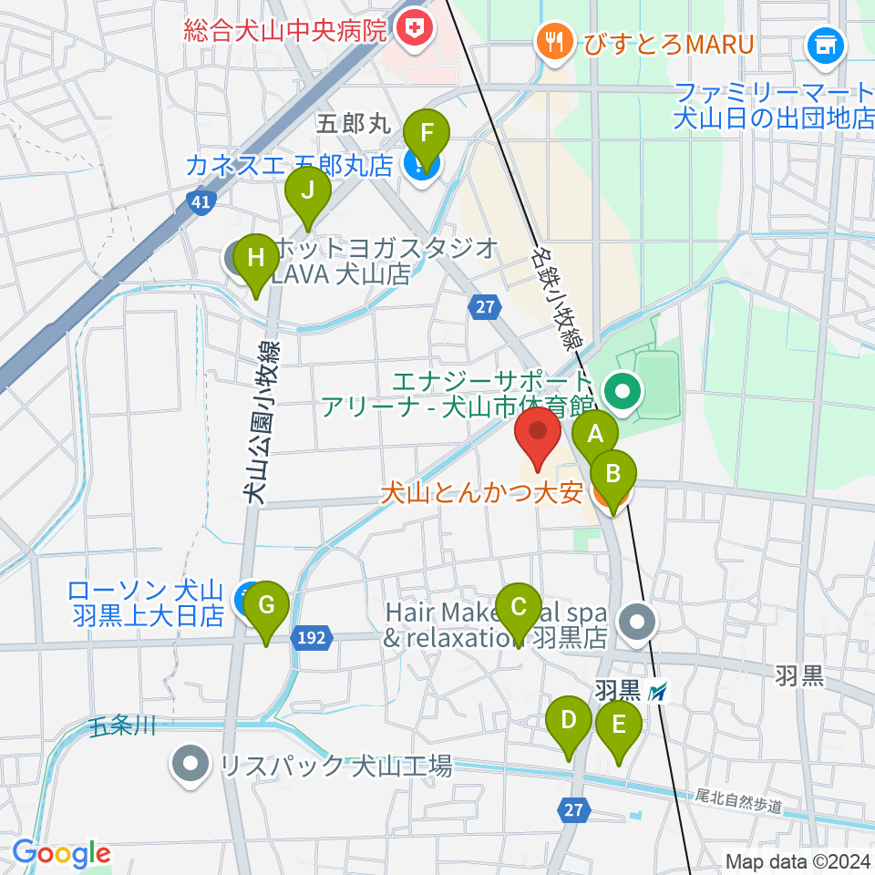 犬山市民文化会館周辺のファミレス・ファーストフード一覧地図