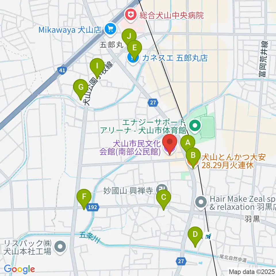 犬山市民文化会館周辺のファミレス・ファーストフード一覧地図