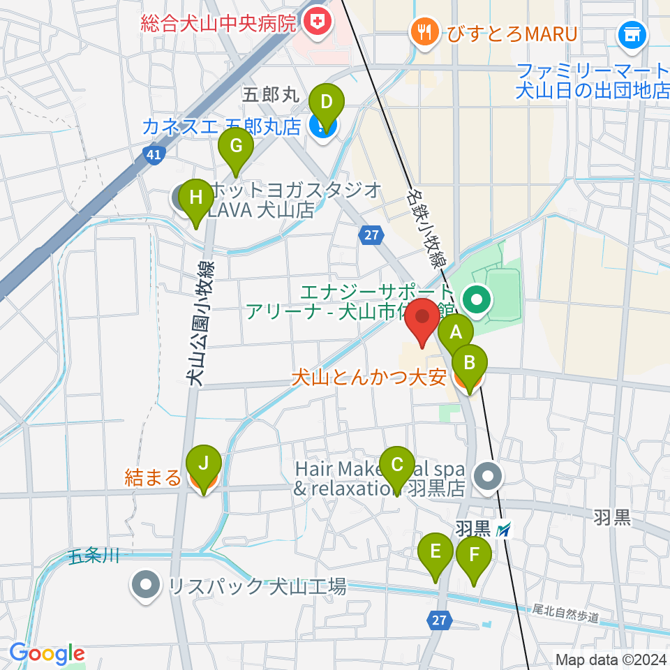 犬山市南部公民館周辺のファミレス・ファーストフード一覧地図