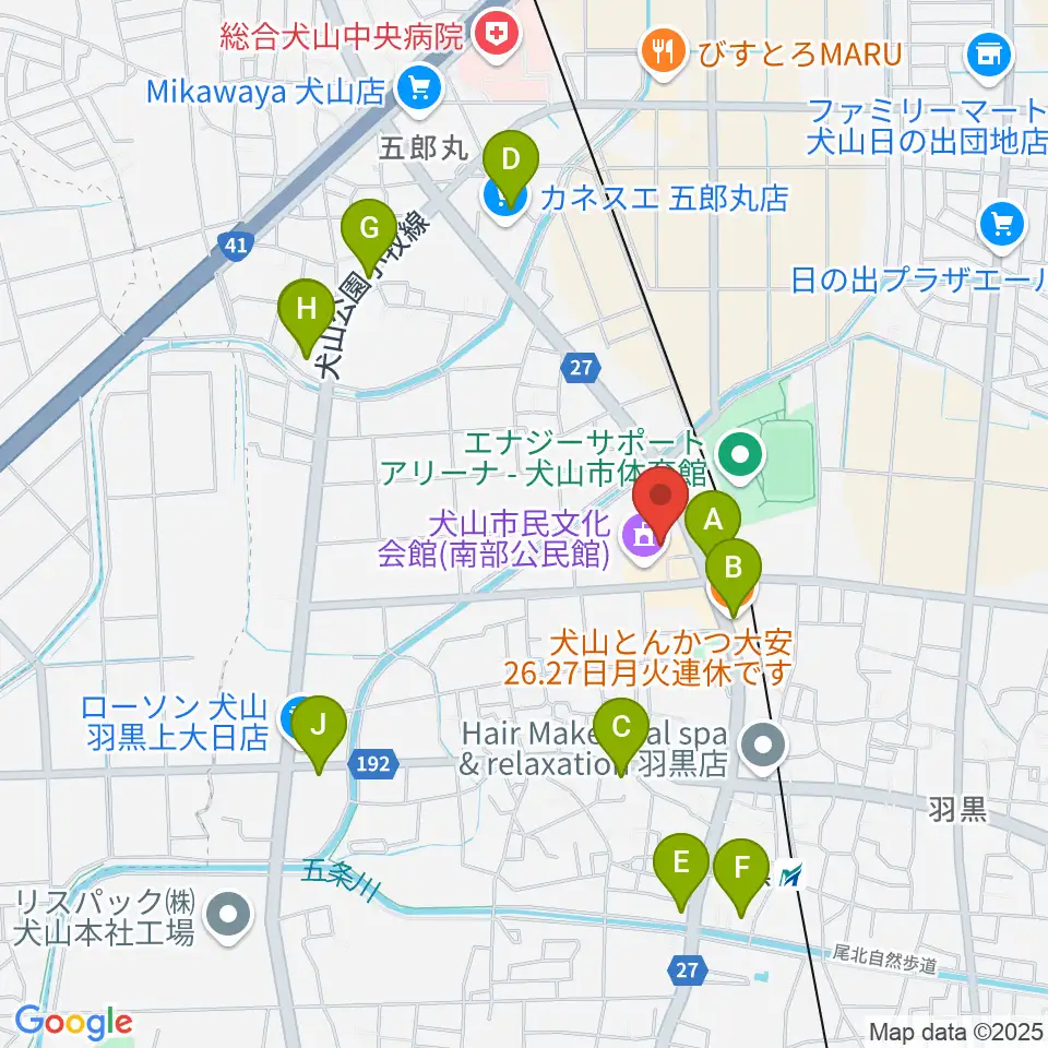 犬山市南部公民館周辺のファミレス・ファーストフード一覧地図
