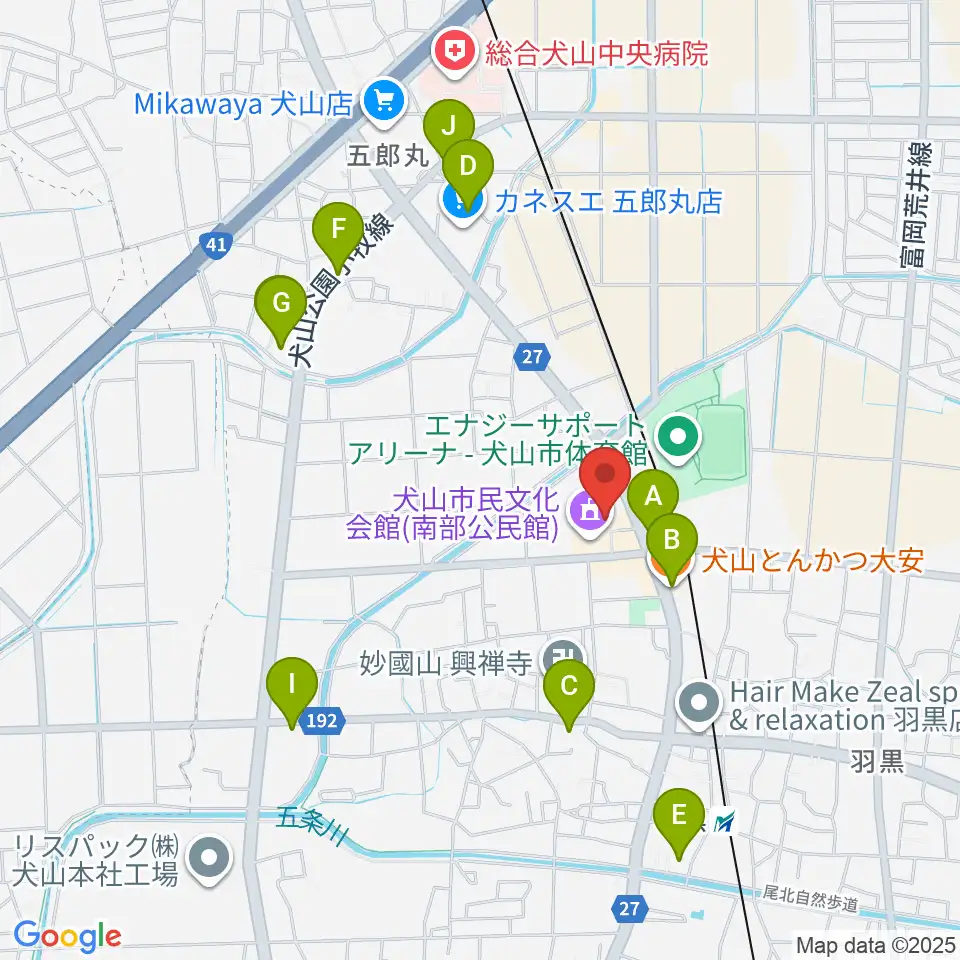 犬山市南部公民館周辺のファミレス・ファーストフード一覧地図