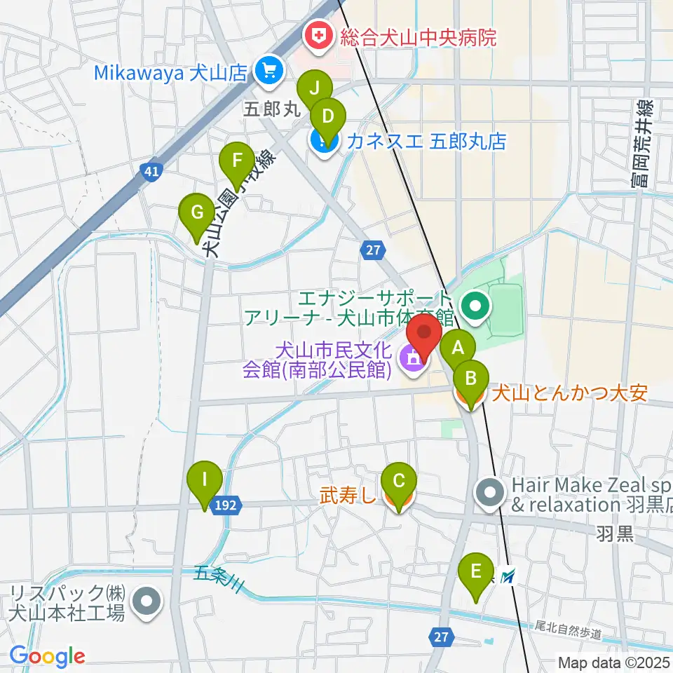 犬山市南部公民館周辺のファミレス・ファーストフード一覧地図