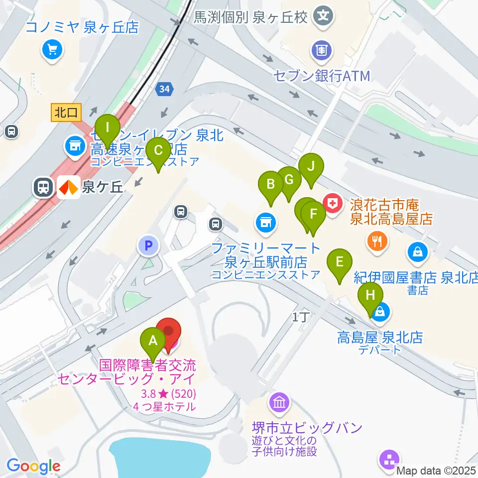 ビッグ・アイ 国際障害者交流センター周辺のファミレス・ファーストフード一覧地図