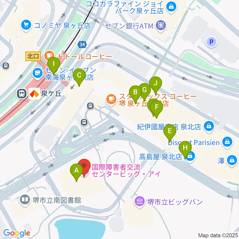 ビッグ・アイ 国際障害者交流センター周辺のファミレス・ファーストフード一覧地図
