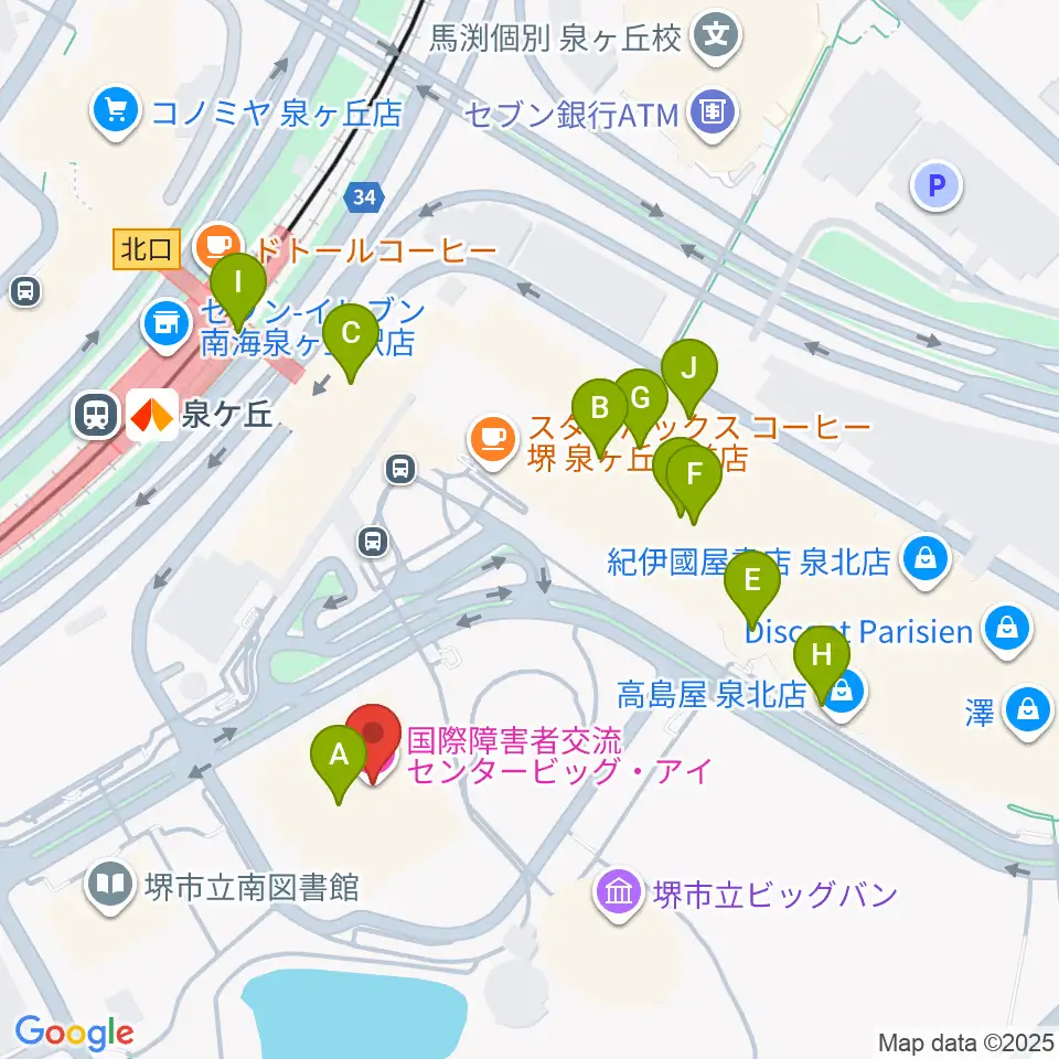 ビッグ・アイ 国際障害者交流センター周辺のファミレス・ファーストフード一覧地図