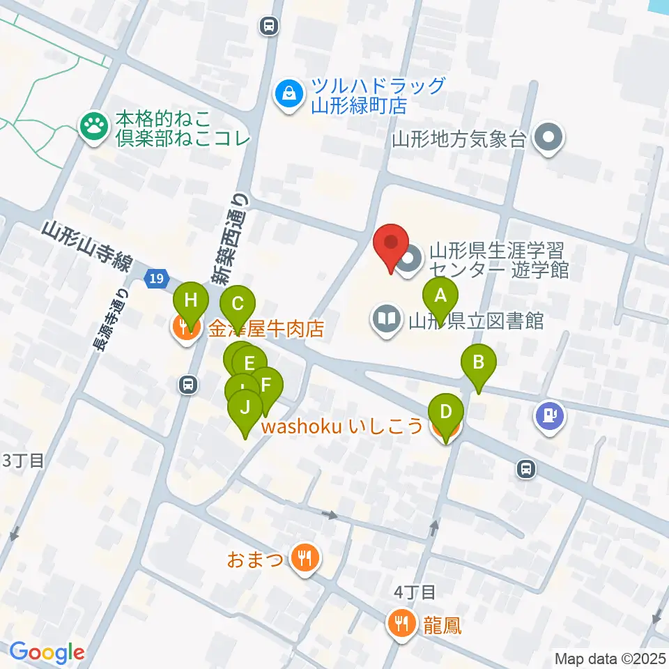山形県生涯学習センター遊学館周辺のファミレス・ファーストフード一覧地図