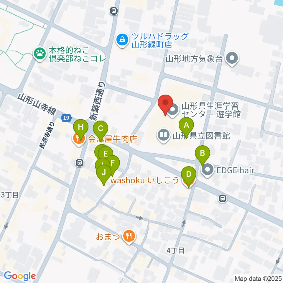 山形県生涯学習センター遊学館周辺のファミレス・ファーストフード一覧地図