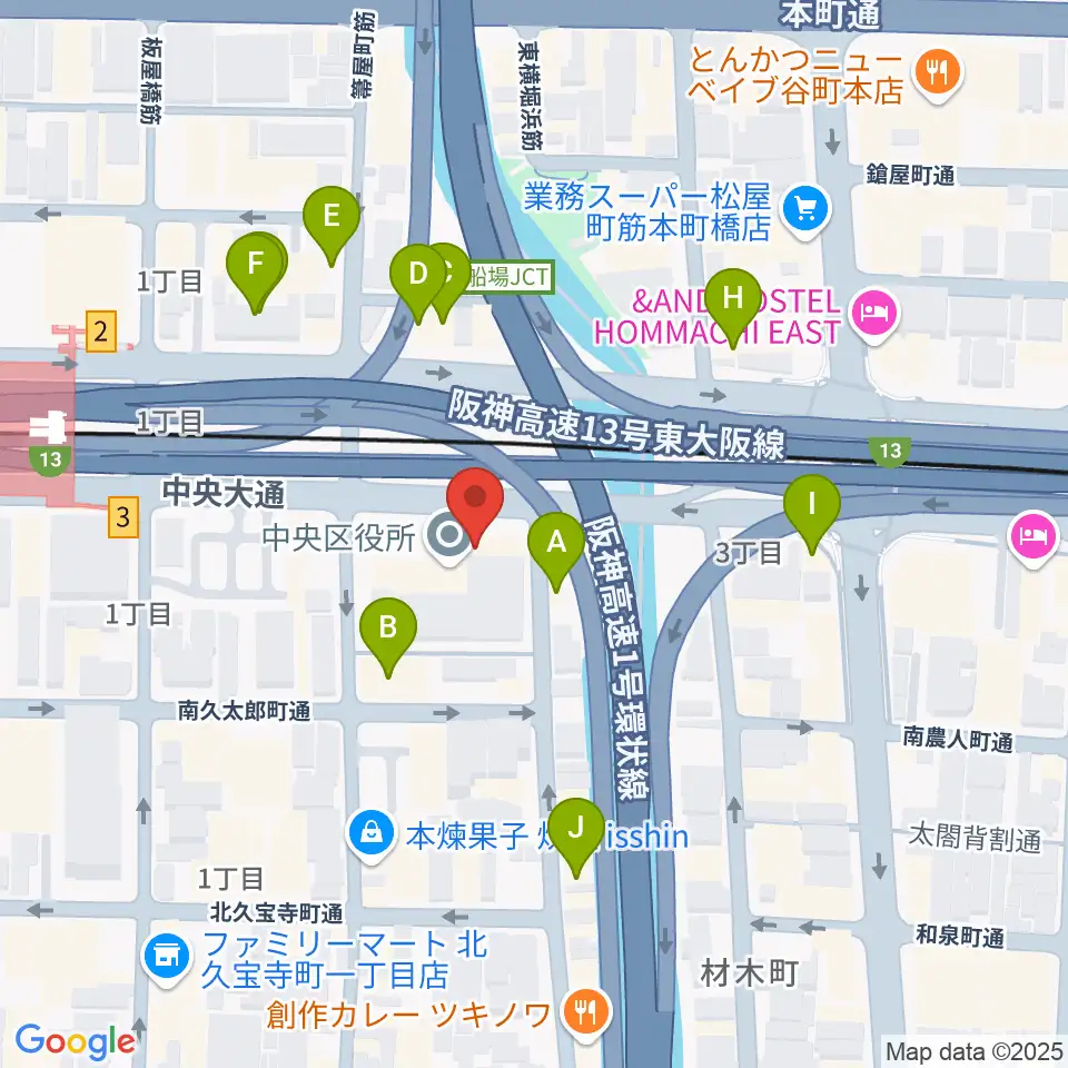 J:COM中央区民センター周辺のファミレス・ファーストフード一覧地図