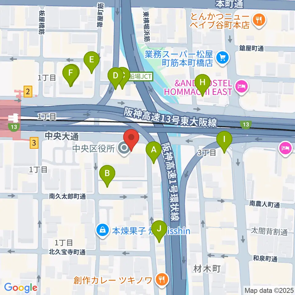 J:COM中央区民センター周辺のファミレス・ファーストフード一覧地図