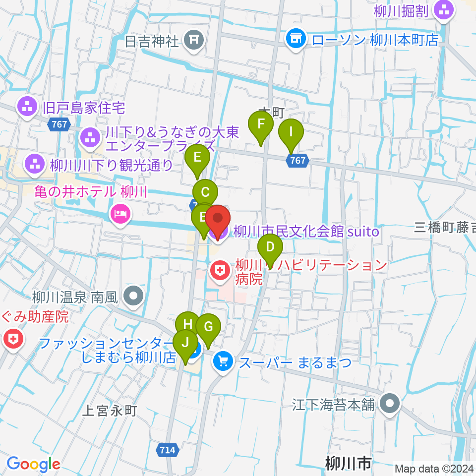 柳川市民文化会館（水都やながわ）周辺のファミレス・ファーストフード一覧地図