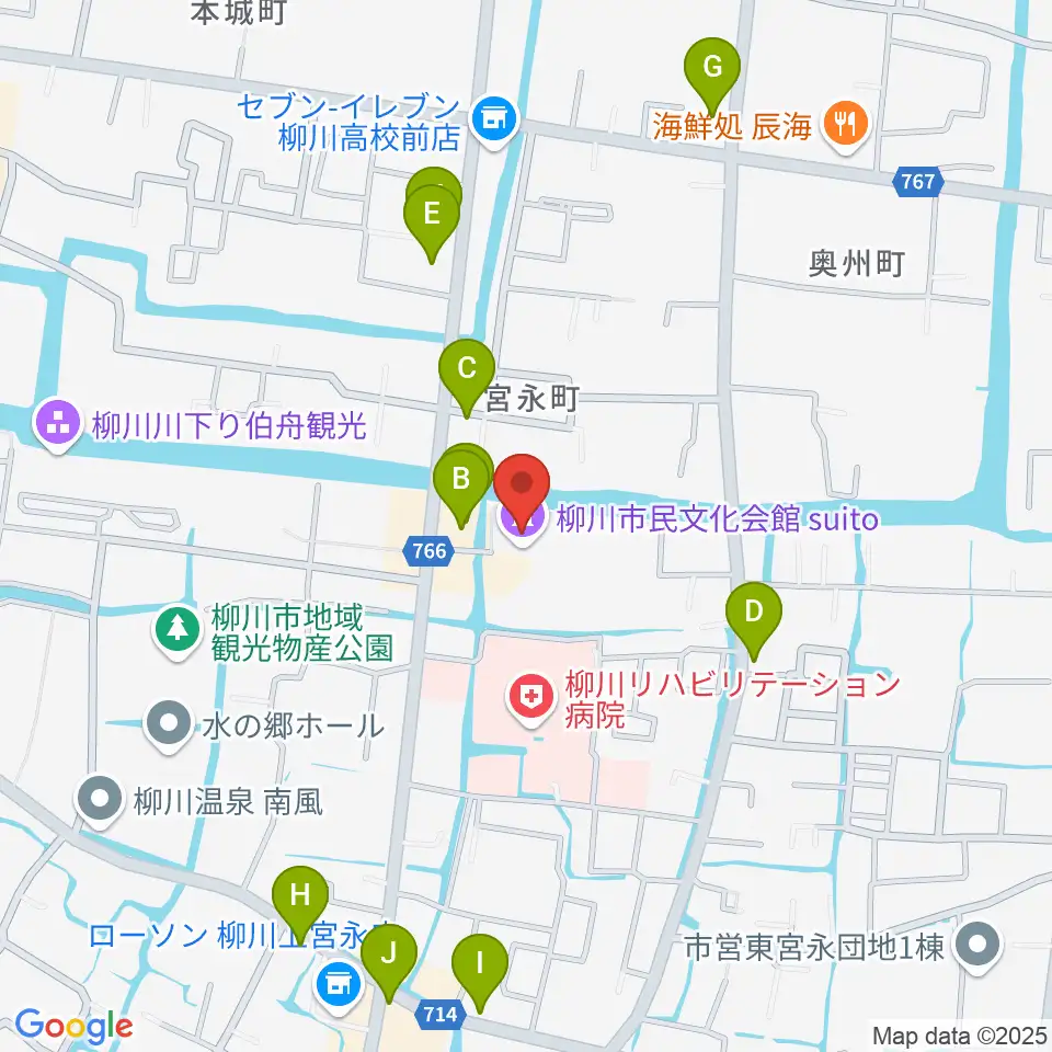 柳川市民文化会館（水都やながわ）周辺のファミレス・ファーストフード一覧地図