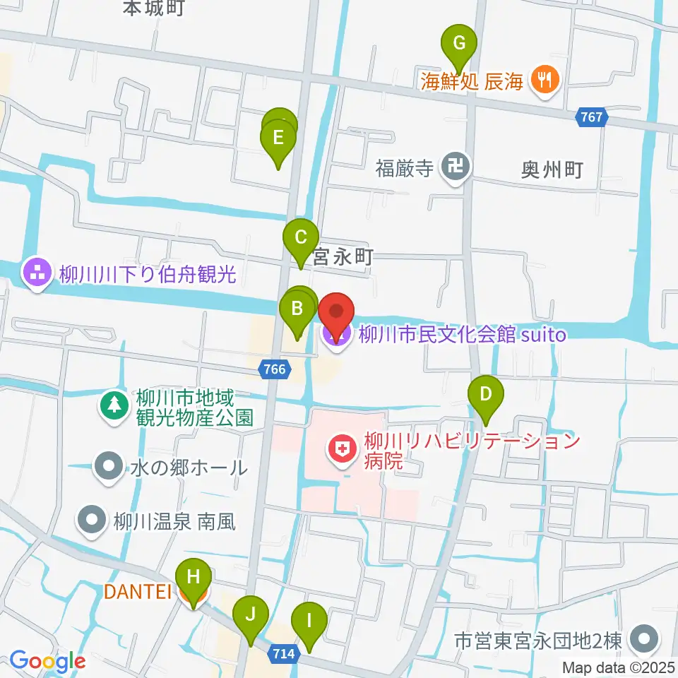 柳川市民文化会館（水都やながわ）周辺のファミレス・ファーストフード一覧地図