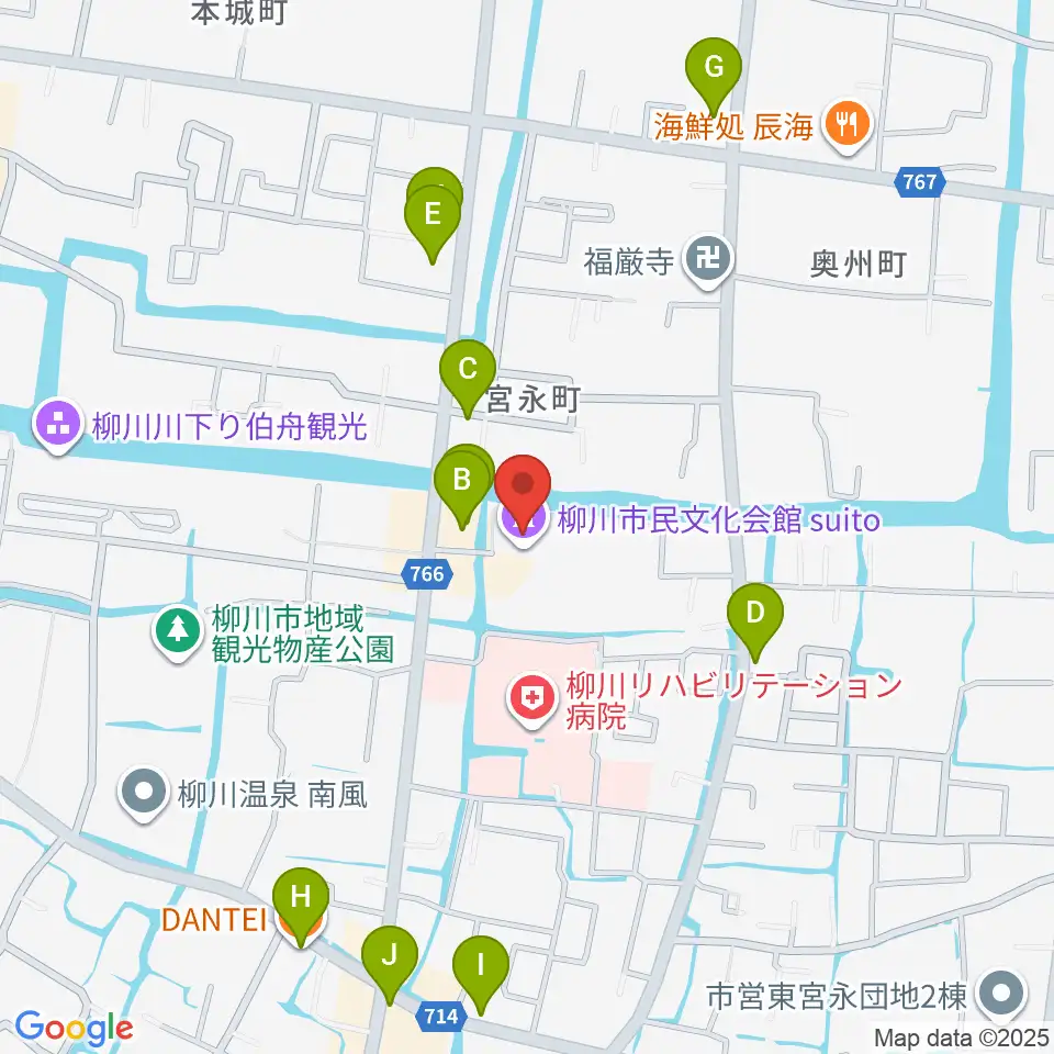 柳川市民文化会館（水都やながわ）周辺のファミレス・ファーストフード一覧地図