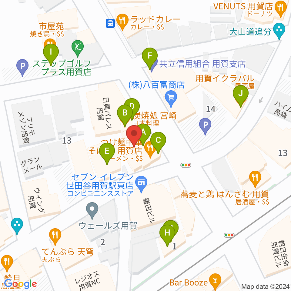 用賀 お琴・三味線・尺八教室周辺のファミレス・ファーストフード一覧地図