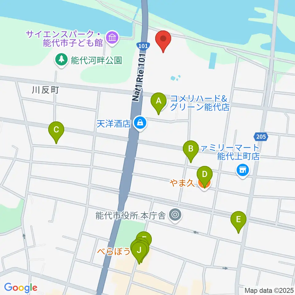 能代市総合体育館周辺のファミレス・ファーストフード一覧地図