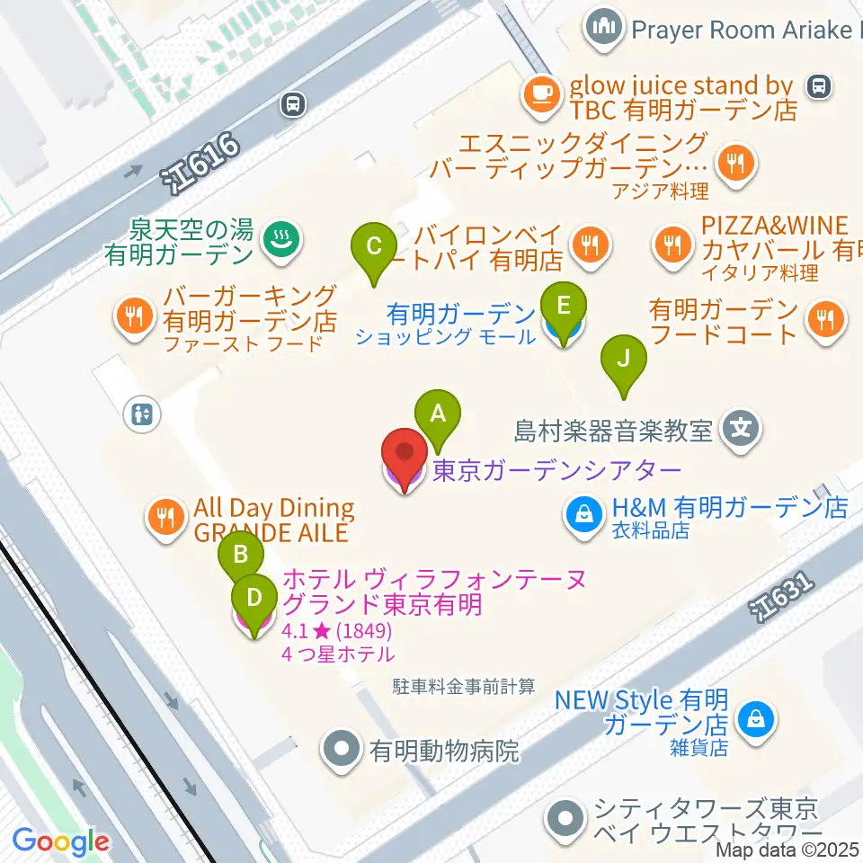 東京ガーデンシアター周辺のファミレス・ファーストフード一覧地図