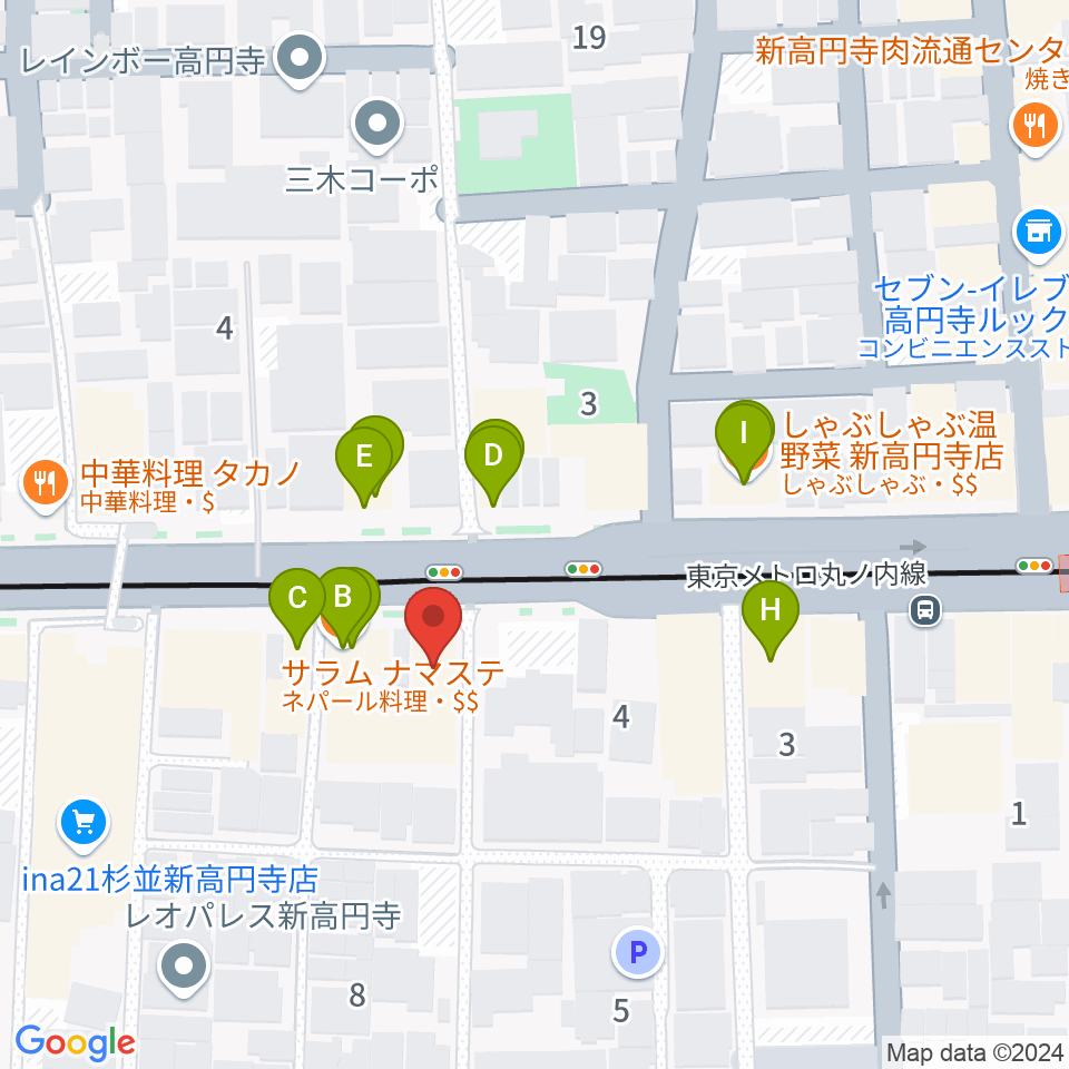 新高円寺LOFT X周辺のファミレス・ファーストフード一覧地図