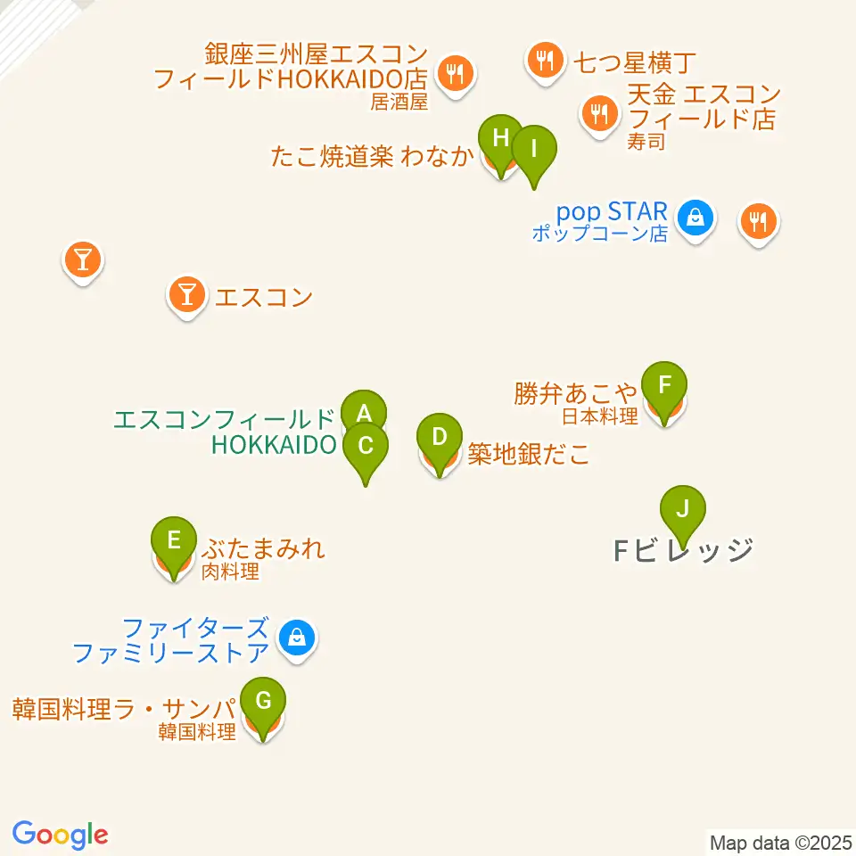 エスコンフィールドHOKKAIDO周辺のファミレス・ファーストフード一覧地図