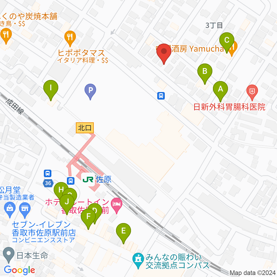 香取市佐原文化会館周辺のファミレス・ファーストフード一覧地図