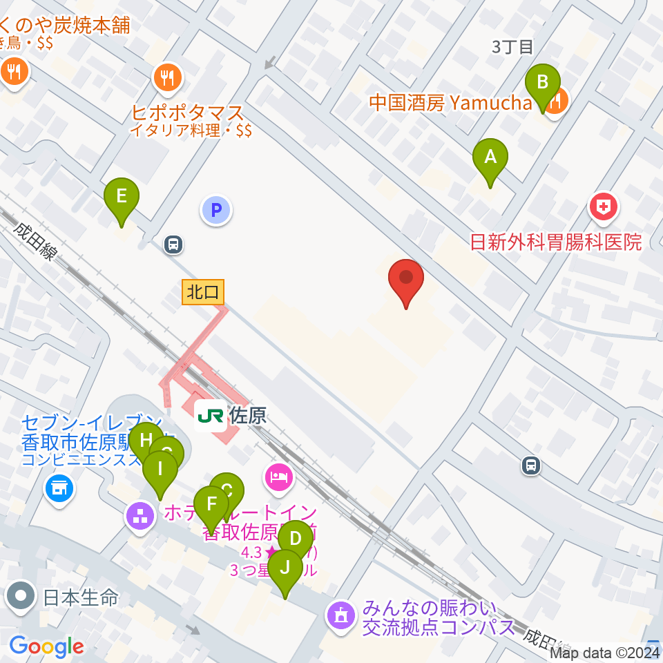 香取市佐原文化会館周辺のファミレス・ファーストフード一覧地図