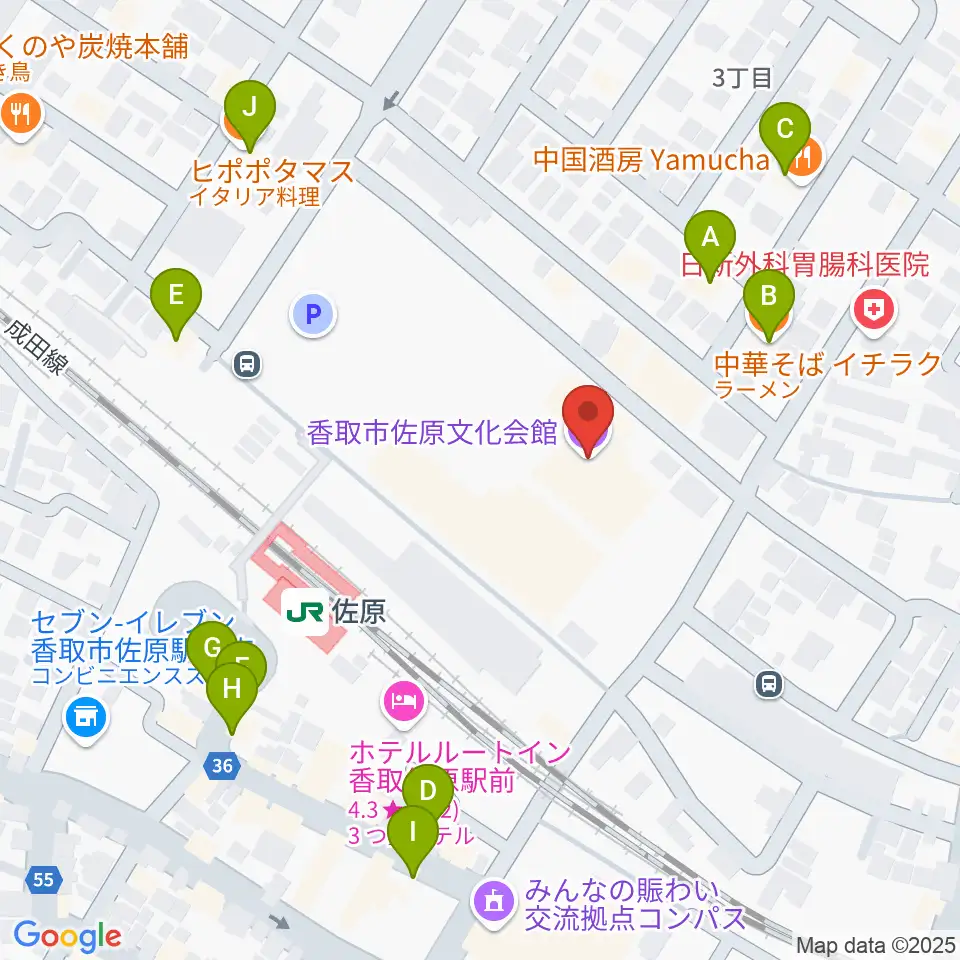 香取市佐原文化会館周辺のファミレス・ファーストフード一覧地図