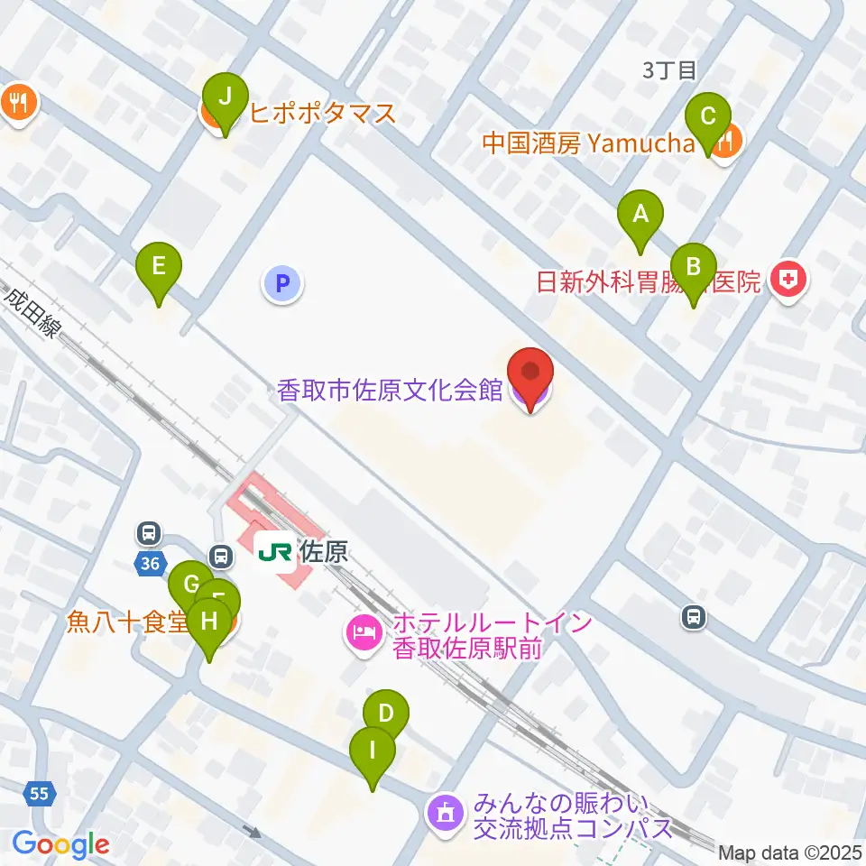 香取市佐原文化会館周辺のファミレス・ファーストフード一覧地図