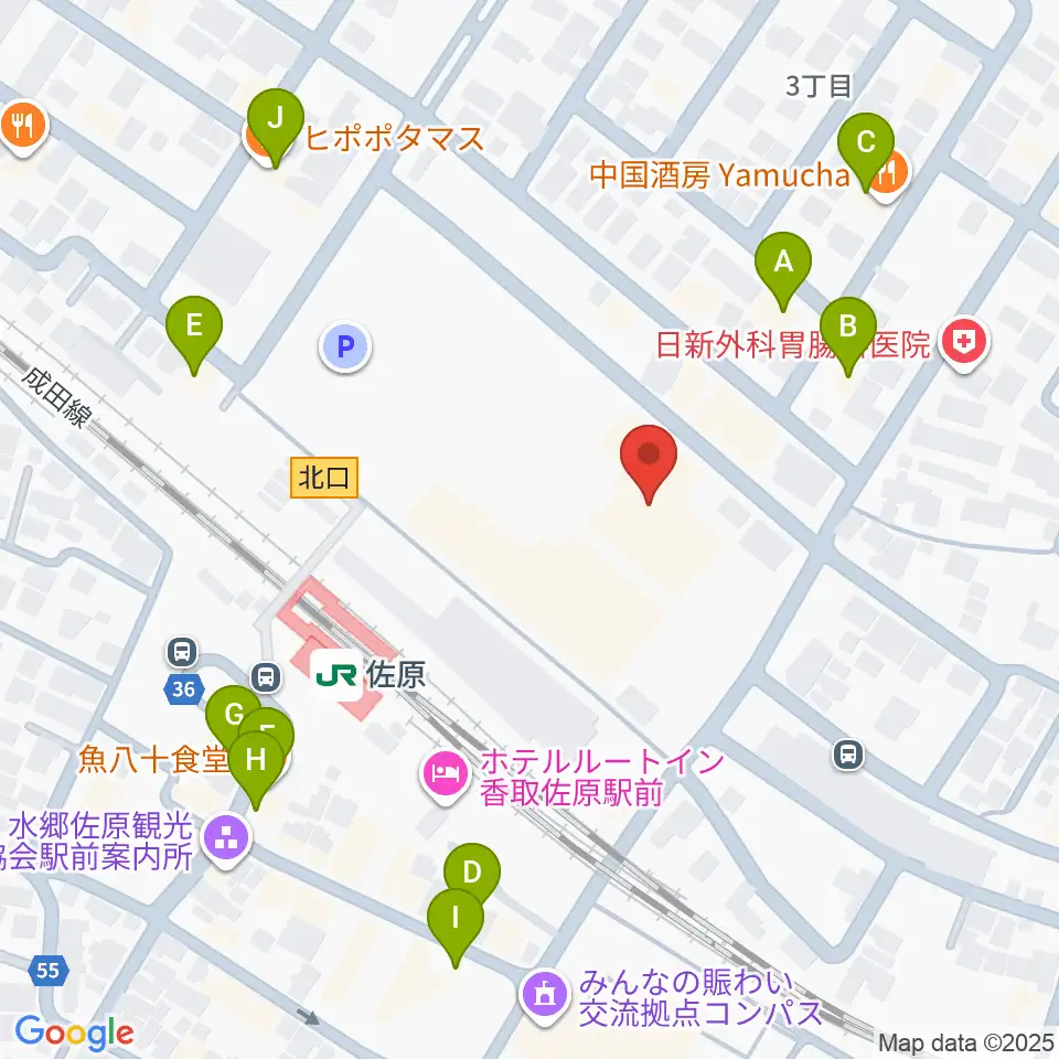香取市佐原文化会館周辺のファミレス・ファーストフード一覧地図