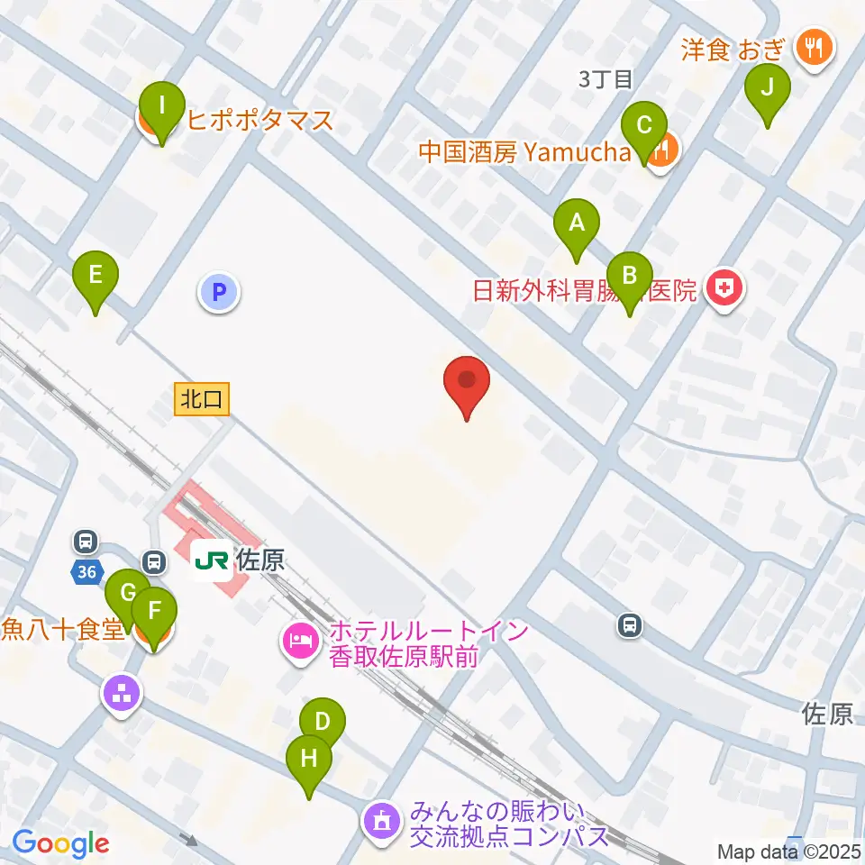 香取市佐原文化会館周辺のファミレス・ファーストフード一覧地図