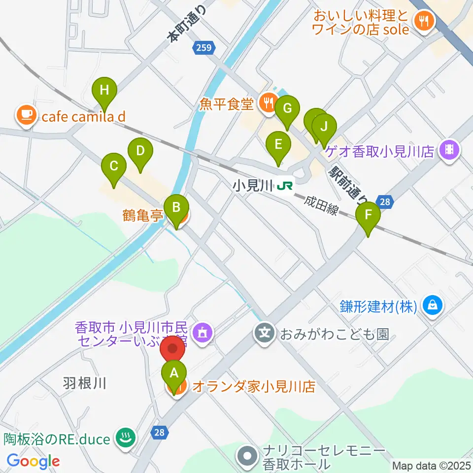 小見川市民センターいぶき館周辺のファミレス・ファーストフード一覧地図