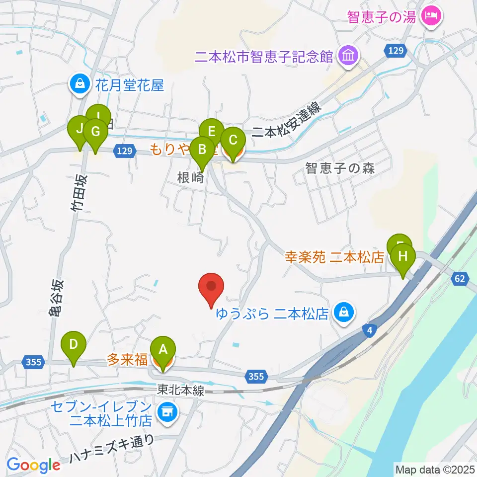 二本松市民会館周辺のファミレス・ファーストフード一覧地図