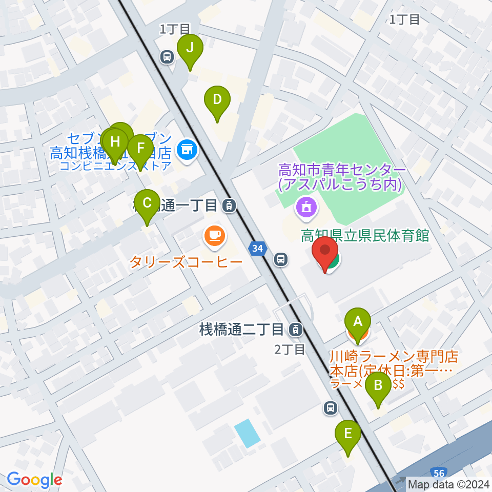 高知県立県民体育館周辺のファミレス・ファーストフード一覧地図