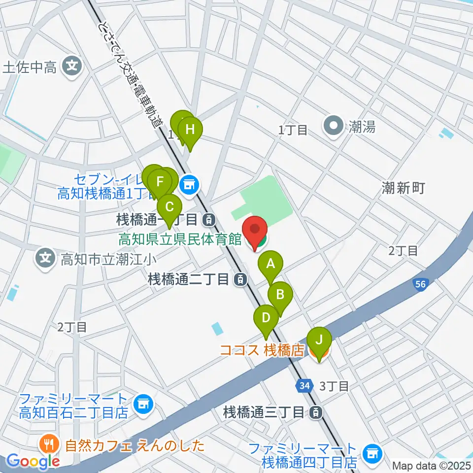 高知県立県民体育館周辺のファミレス・ファーストフード一覧地図