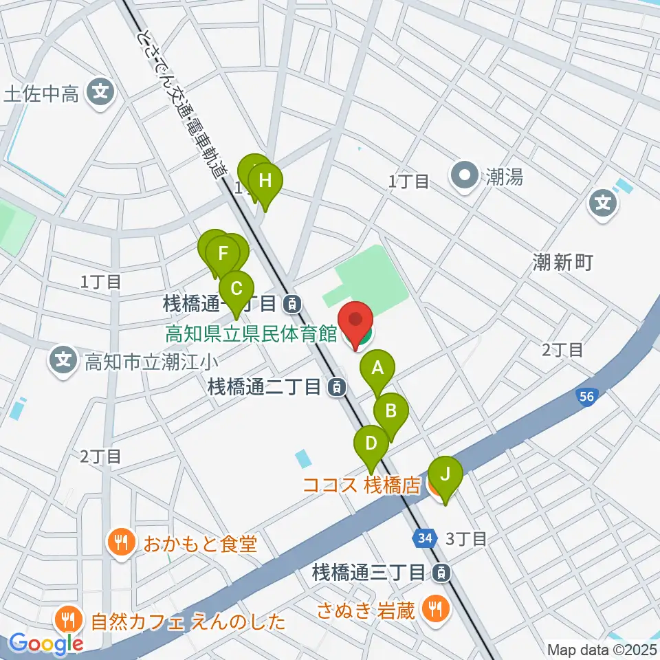 高知県立県民体育館周辺のファミレス・ファーストフード一覧地図