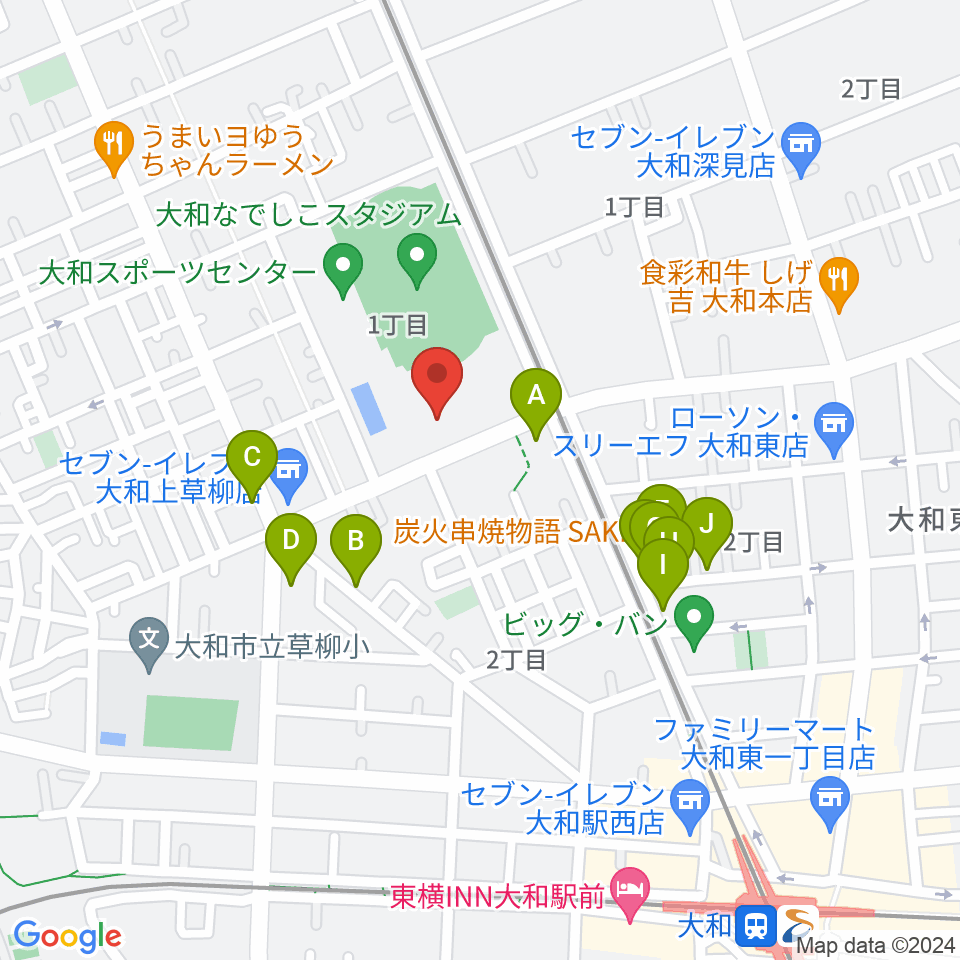 大和スポーツセンター体育会館周辺のファミレス・ファーストフード一覧地図